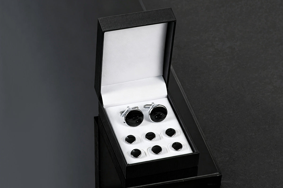 8 Pieces Men Tuxedo Cufflink and Shirt Stud Set for Weddings Parties - Silver
