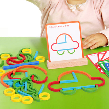 142Pcs Wooden Pattern Blocks Set with Sticks and Rings STEM Brain Teaser Toys