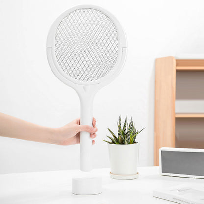 Electric Mosquito Racket Rotating Head Fly Swatter Telescopic Mosquito Zapper with Base