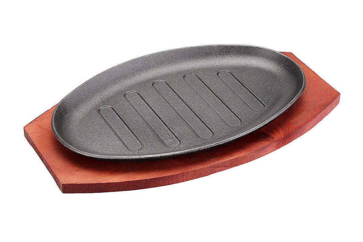 Iron Steak Plate Sizzling Serving Platter With Wooden Base Set