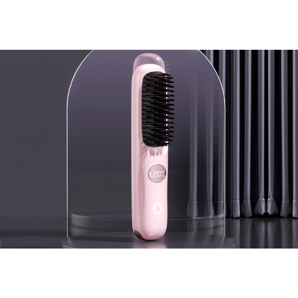 USB Rechargeable Hair Straightening Brush -Pink