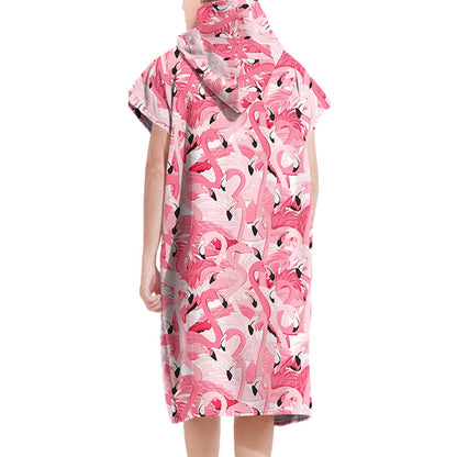 Adult Hooded Zip Up Swim Changing Robe Microfiber Beach Towel Poncho - Flamingo Head