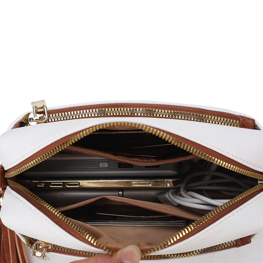 Crossbody Purse for Women Zipper Cell Phone Handbag with Adjustable Guitar Strap White