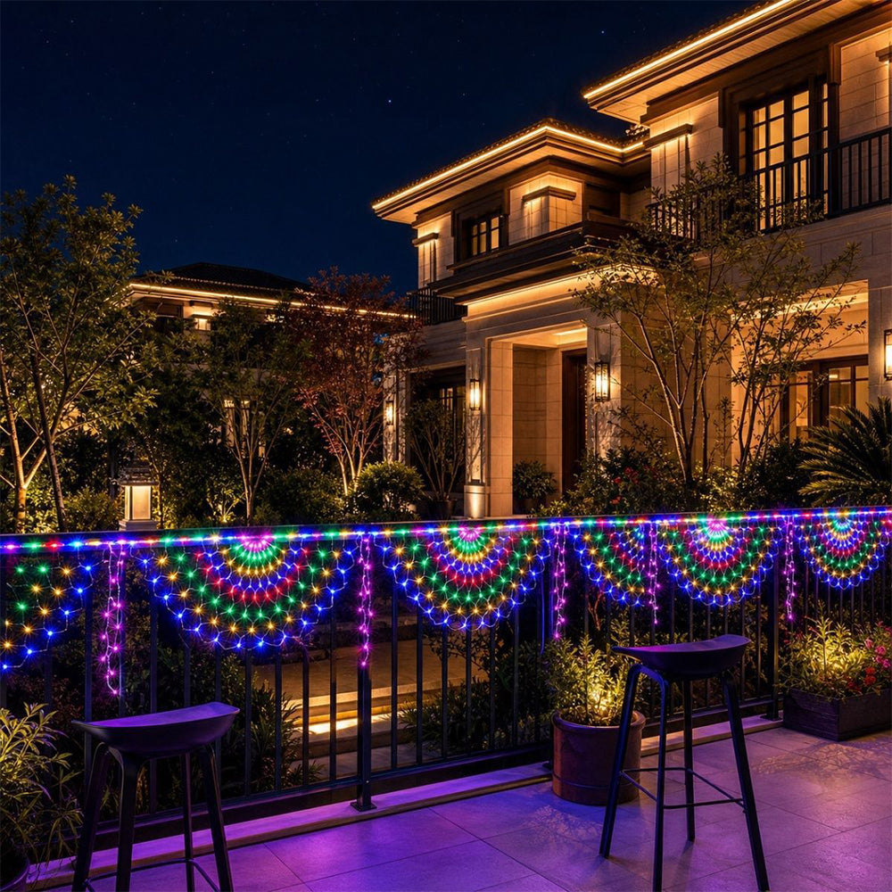 3 Panel Waterfall Curtain Lights Solar Peacock Net String Lights - Multicolor