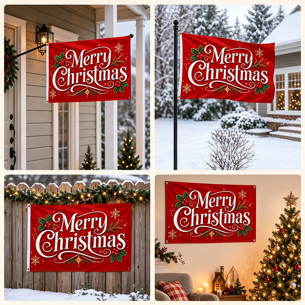 Christmas Flag Double Sided Print Happy New Year Flag - Red
