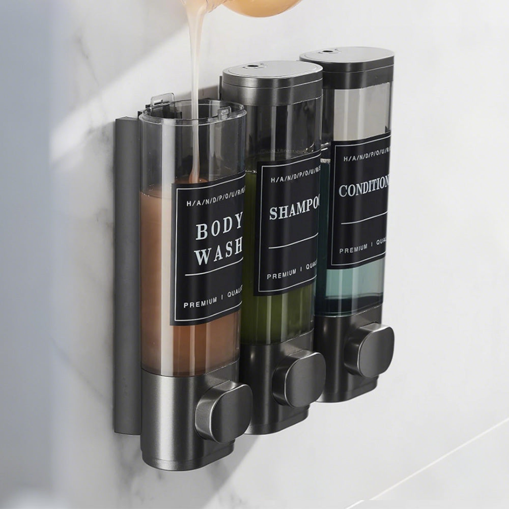 No-Drill Wall-Mounted Triple Soap Dispenser for Bathroom Shampoo Conditioner