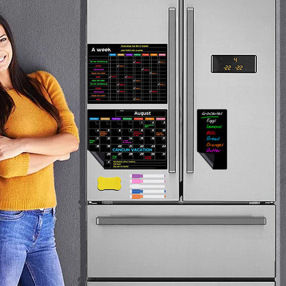 Magnetic Black Dry Erase Calendar Set Monthly Daily Planner Whiteboard Sheet for Fridge