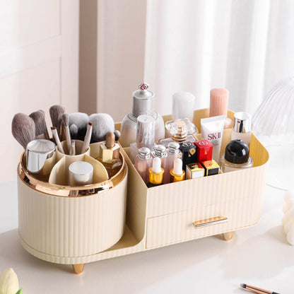 Rotating Makeup Organizer for Vanity with Brush Holder and Drawer Spinning Cosmetic Storage Case Beige