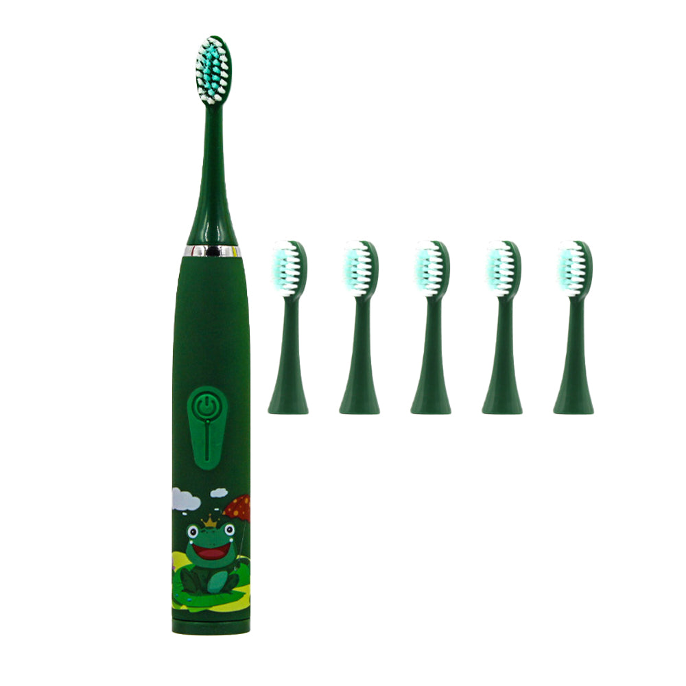 Kids Cartoon Electric Toothbrush Rechargeable Speed Control Toothbrush with 6 Replacement Heads Green