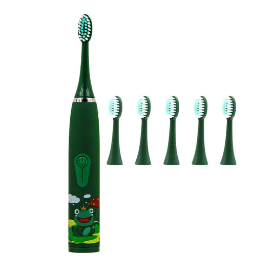 Kids Cartoon Electric Toothbrush Rechargeable Speed Control Toothbrush with 6 Replacement Heads Green