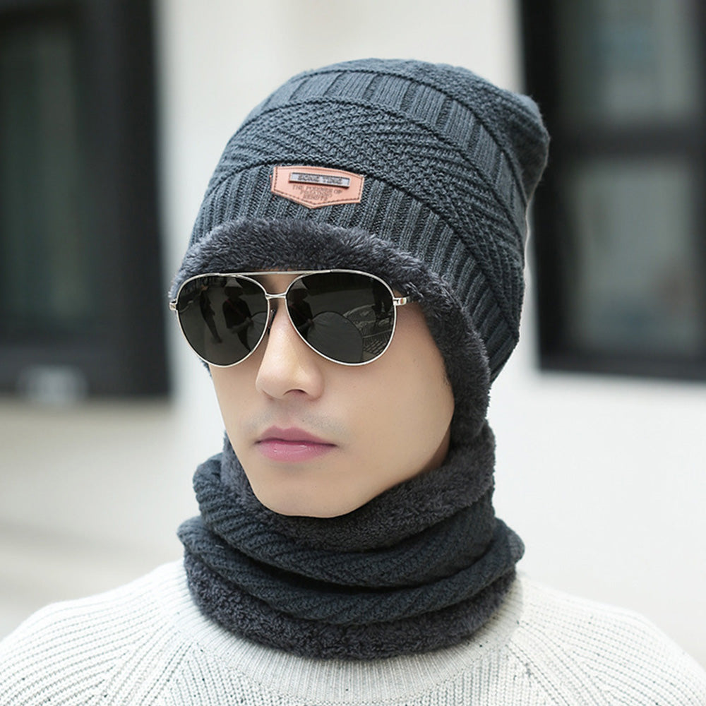 Uisex Beanie Cap Winter Knitted Hat Neck Warm Scarf Fleece Ski Accessories Grey
