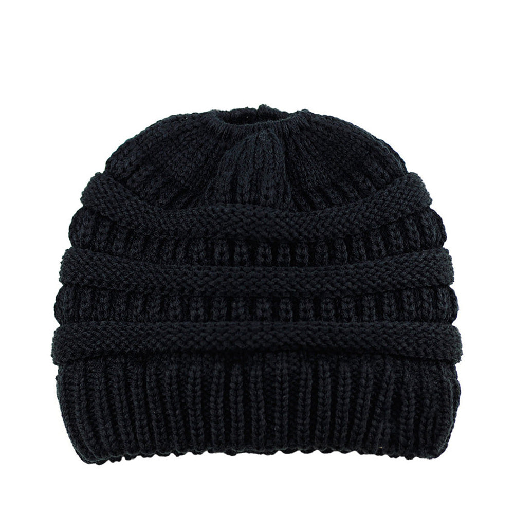 Winter Cable Knit Ponytail Beanie High Bun Crochet Hat - Black