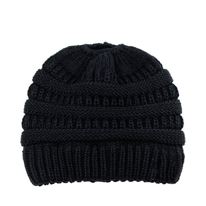 Winter Cable Knit Ponytail Beanie High Bun Crochet Hat - Black