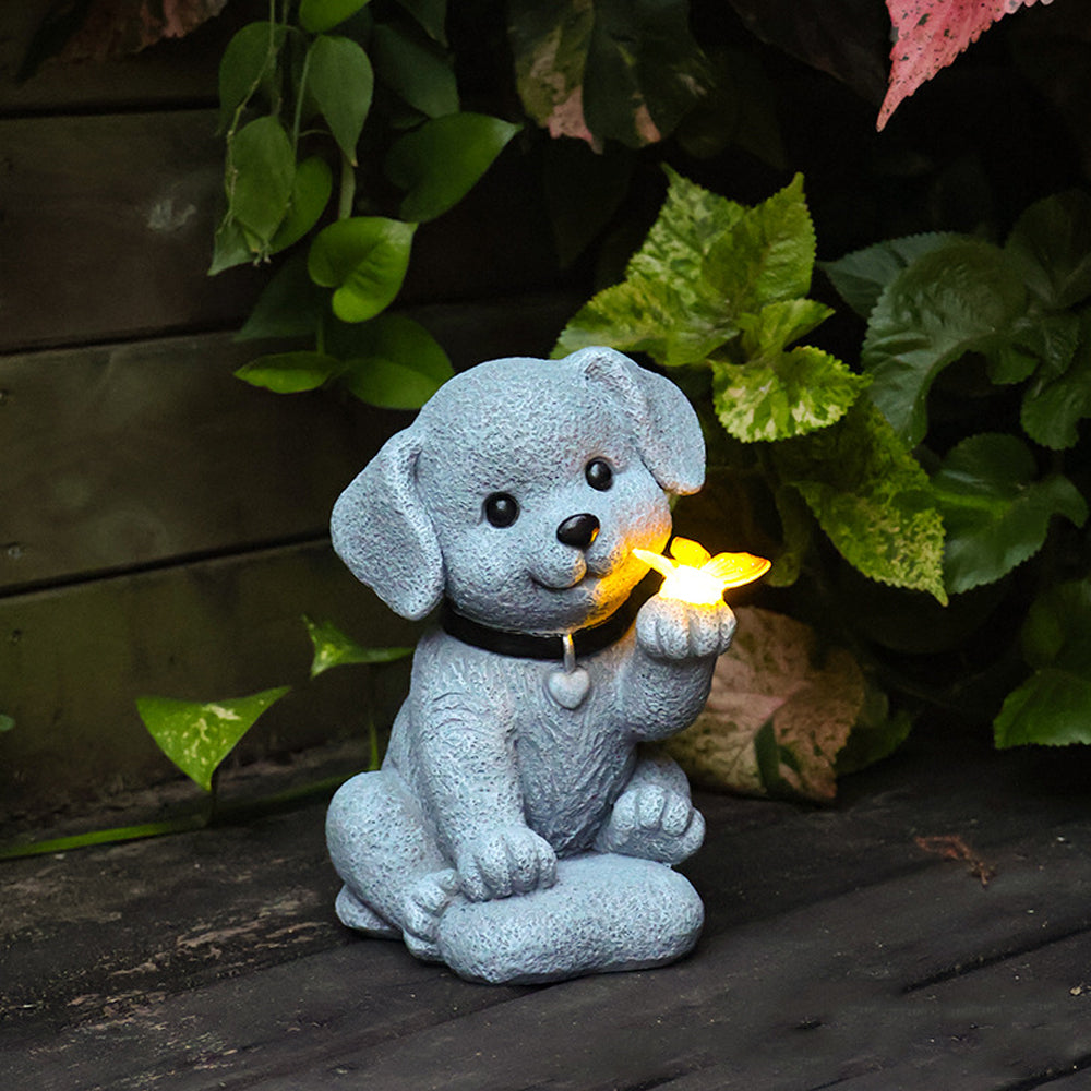 Solar Dog Outdoor Statues for Garden Outside Decor with Butterfly for Yard Art Lawn Ornaments