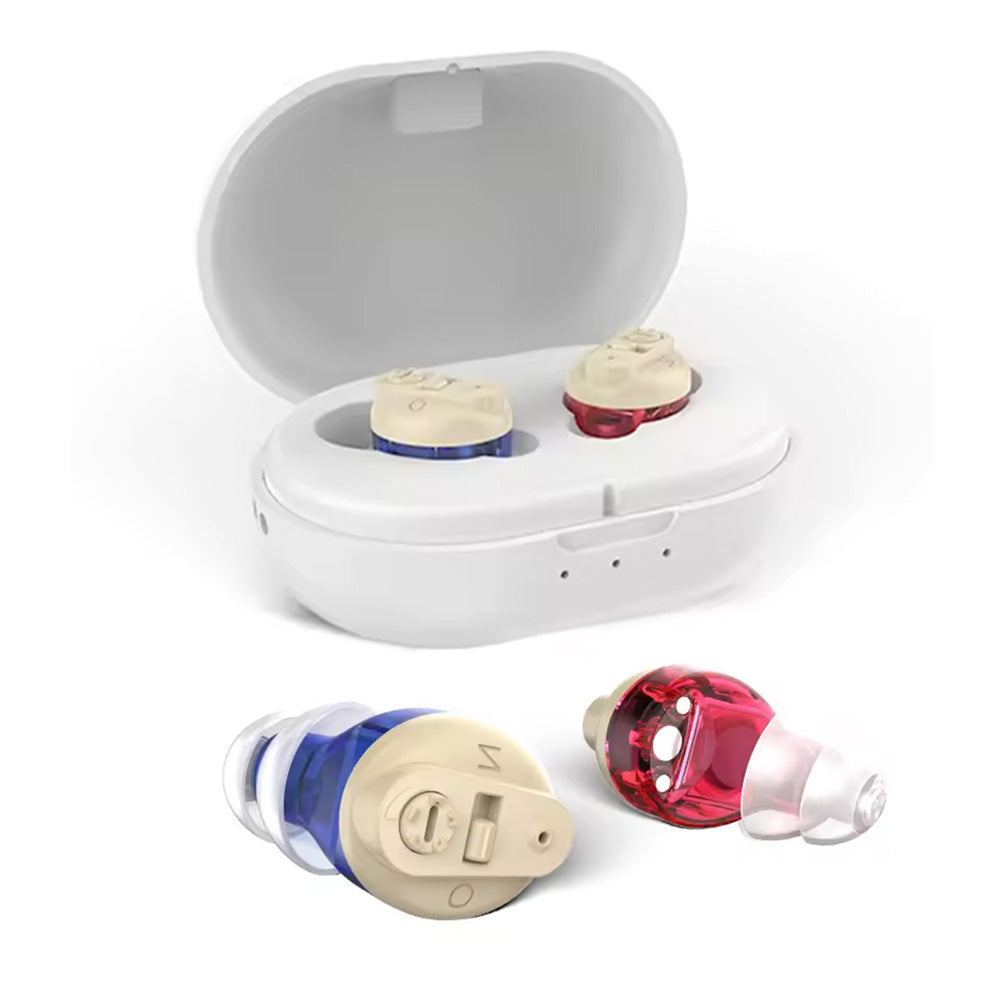 Wireless Hearing Amplifier Rechargeable Hearing Aids with Portable Charging Case Sound Enhancement for Hearing Loss Blue and Red