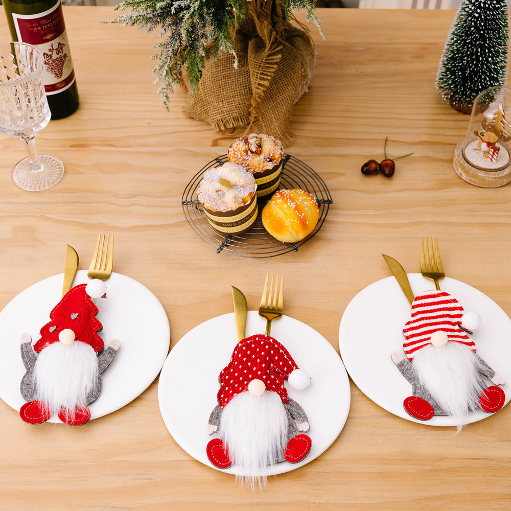 3Pcs Christmas Gnome Tableware Holder Cutlery Bags Set Xmas Party Decor