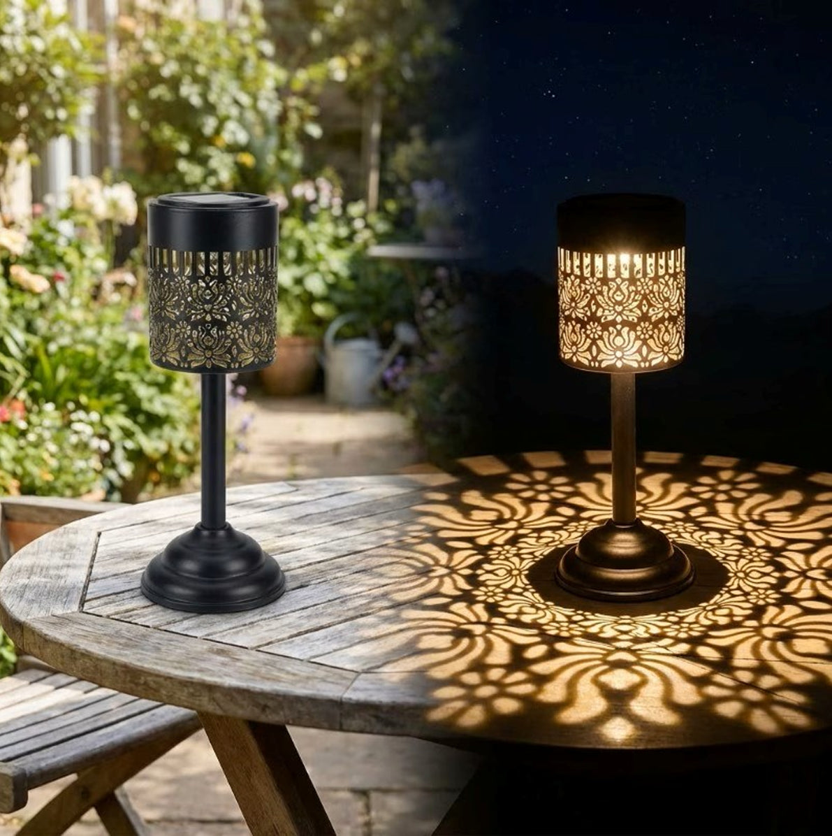 Outdoor Solar Cutout Metal Table Lantern for Patio and Garden - Warm White
