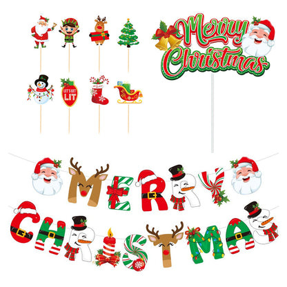 Christmas Party Decoration Merry Christmas Pull Flag Santa Claus Christmas Tree Cake Topper Xmas Party Supplies
