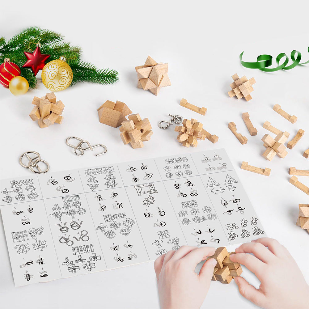 24PCS Brain Teaser Christmas Advent Calendar with 3D Stainless Steel & Burr Puzzles