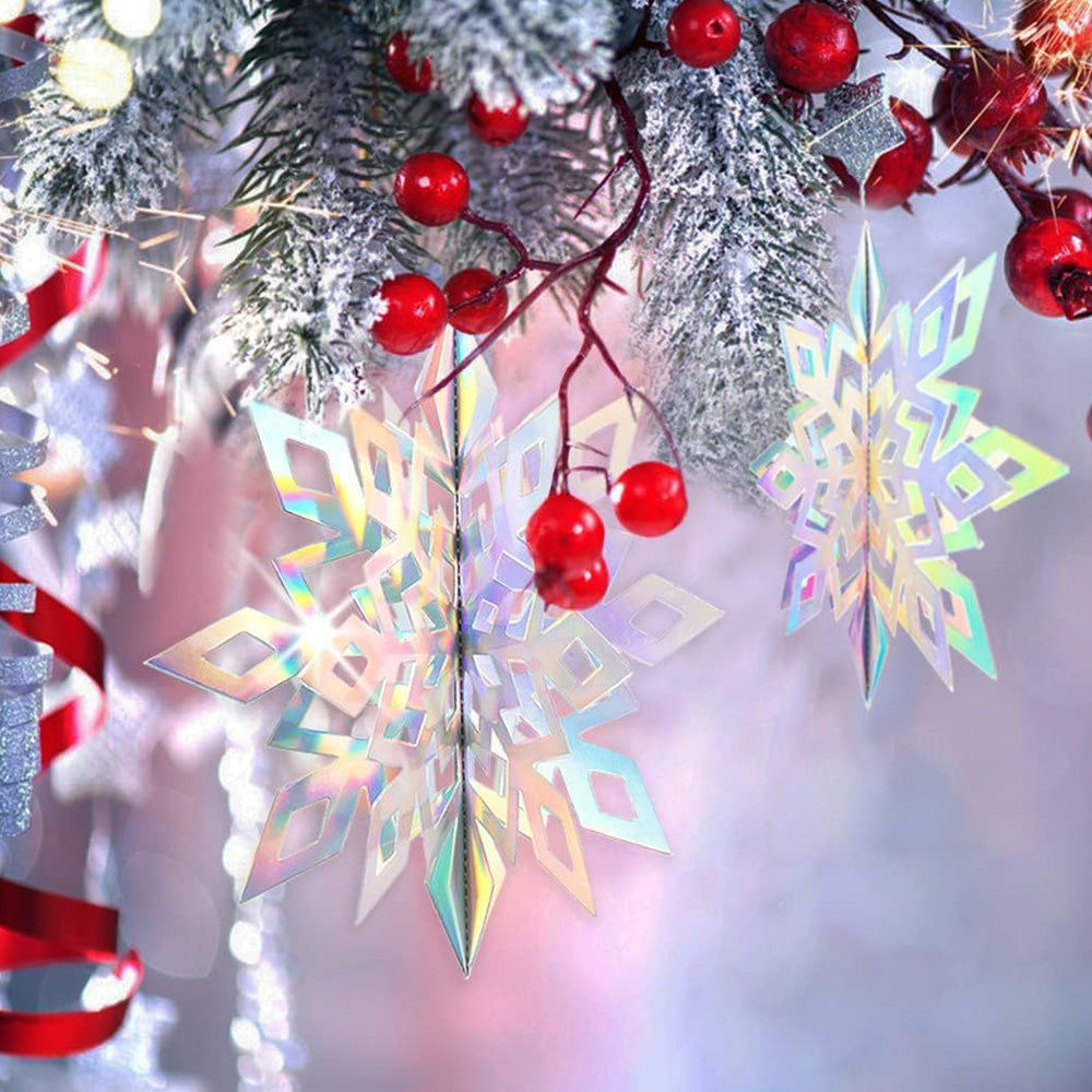 3D Paper Snowflake Hanging Decor Christmas Tree & Party Ornaments Iridescent Silver