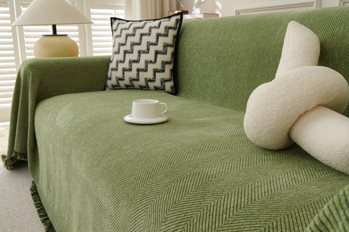 Herringbone Tassel Sofa Throw Cover Large Blanket - Green