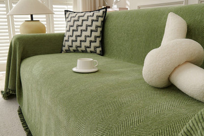 Herringbone Tassel Sofa Throw Cover Large Blanket - Green