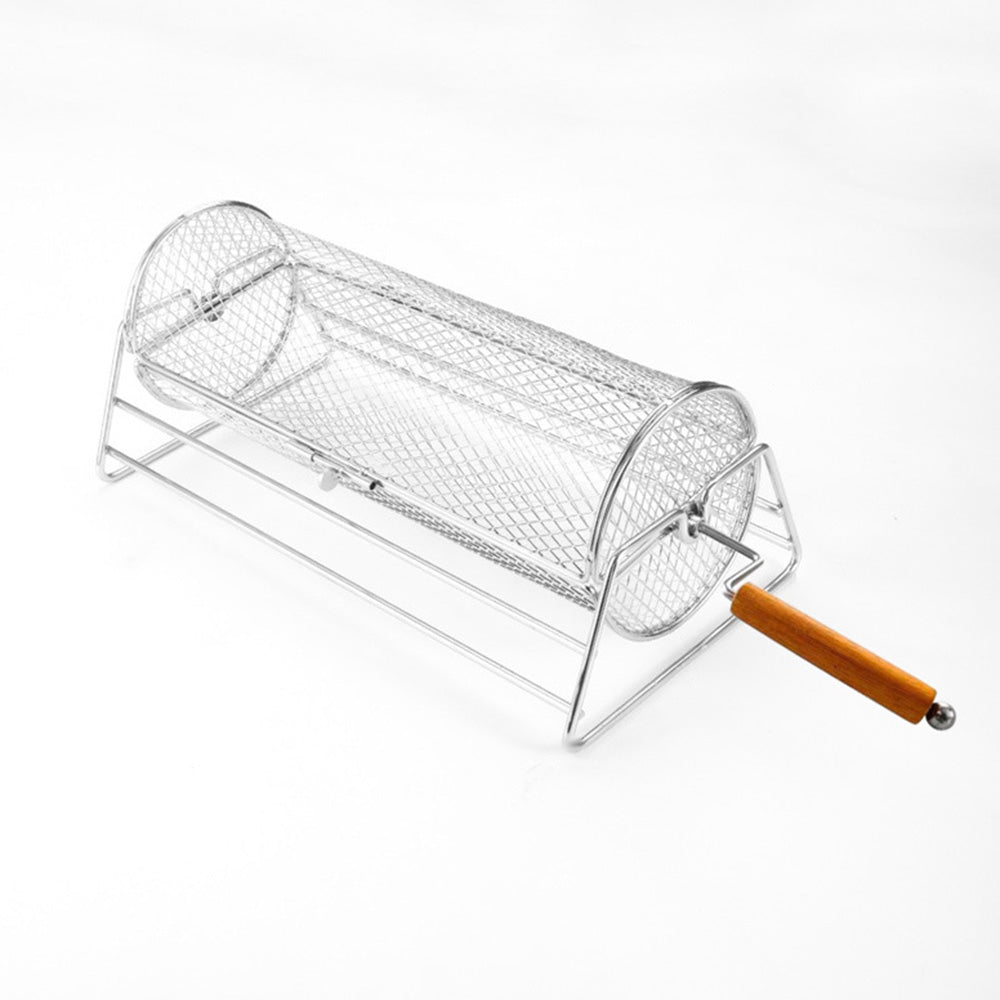Rotating Stainless Steel BBQ Grill Basket with Stand and Handle