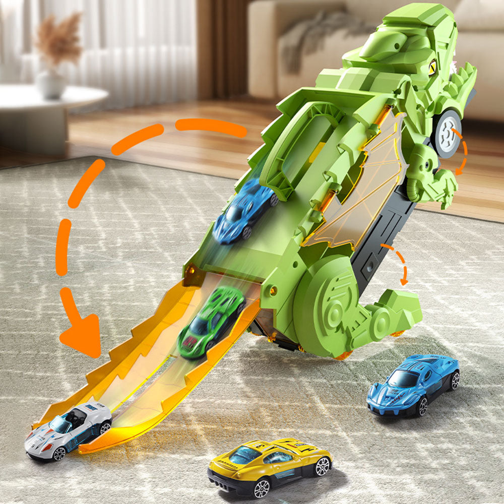 7Pcs Set Dinosaur Truck Toys Foldable Transport Track with 6 Pull Back Cars for Kids Christmas Birthday Green