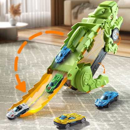 7Pcs Set Dinosaur Truck Toys Foldable Transport Track with 6 Pull Back Cars for Kids Christmas Birthday Green