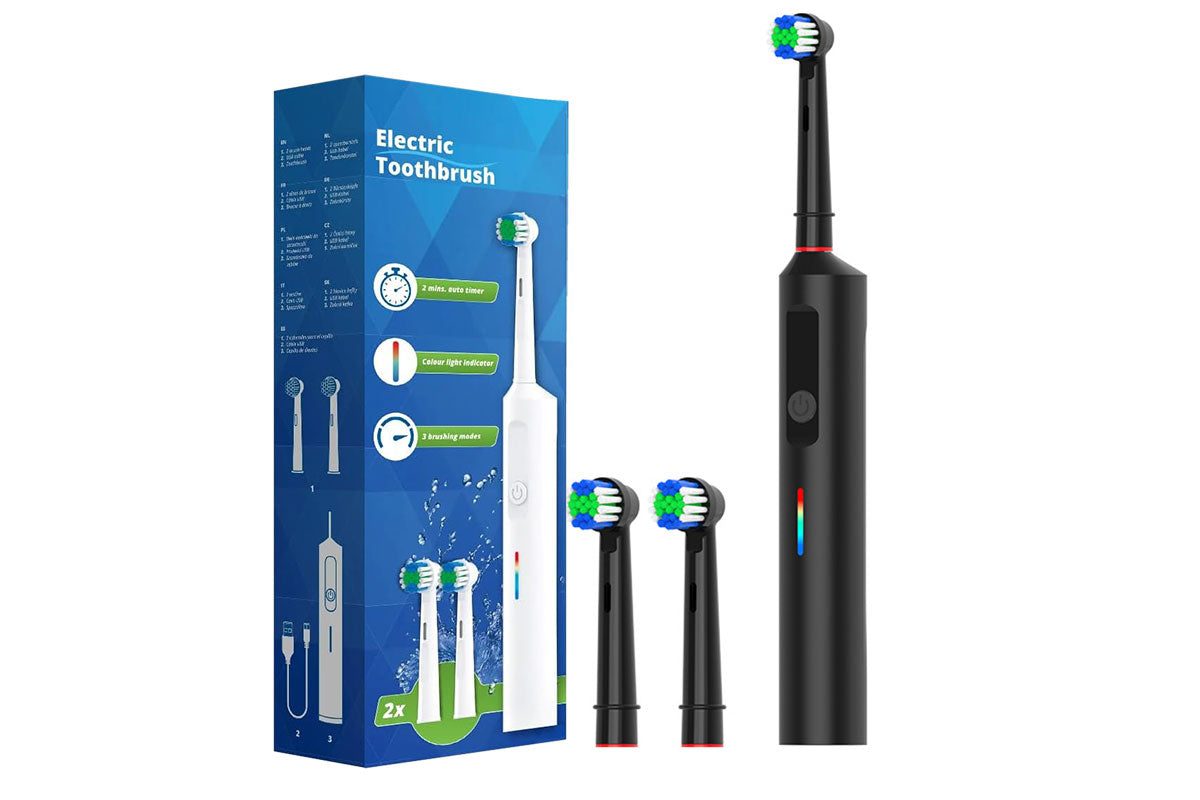 Rotating Electric Toothbrush 3Modes with Travel Case and 2 Brush Heads-Black