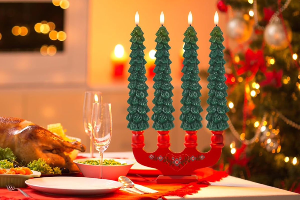 4Pcs Christmas Tree Candles LED Flameless Taper Candles 3D Wick Lifelike Leaves Dinner Xmas Holiday Decoration