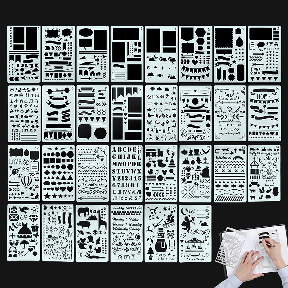 30 Piece A6 PET Reusable Drawing Journal Painting Craft Stencils