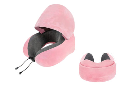 Hooded Travel Pillow with 3D Eye Masks Memory Foam Neck Pillow for Airplane Sleeping-Pink