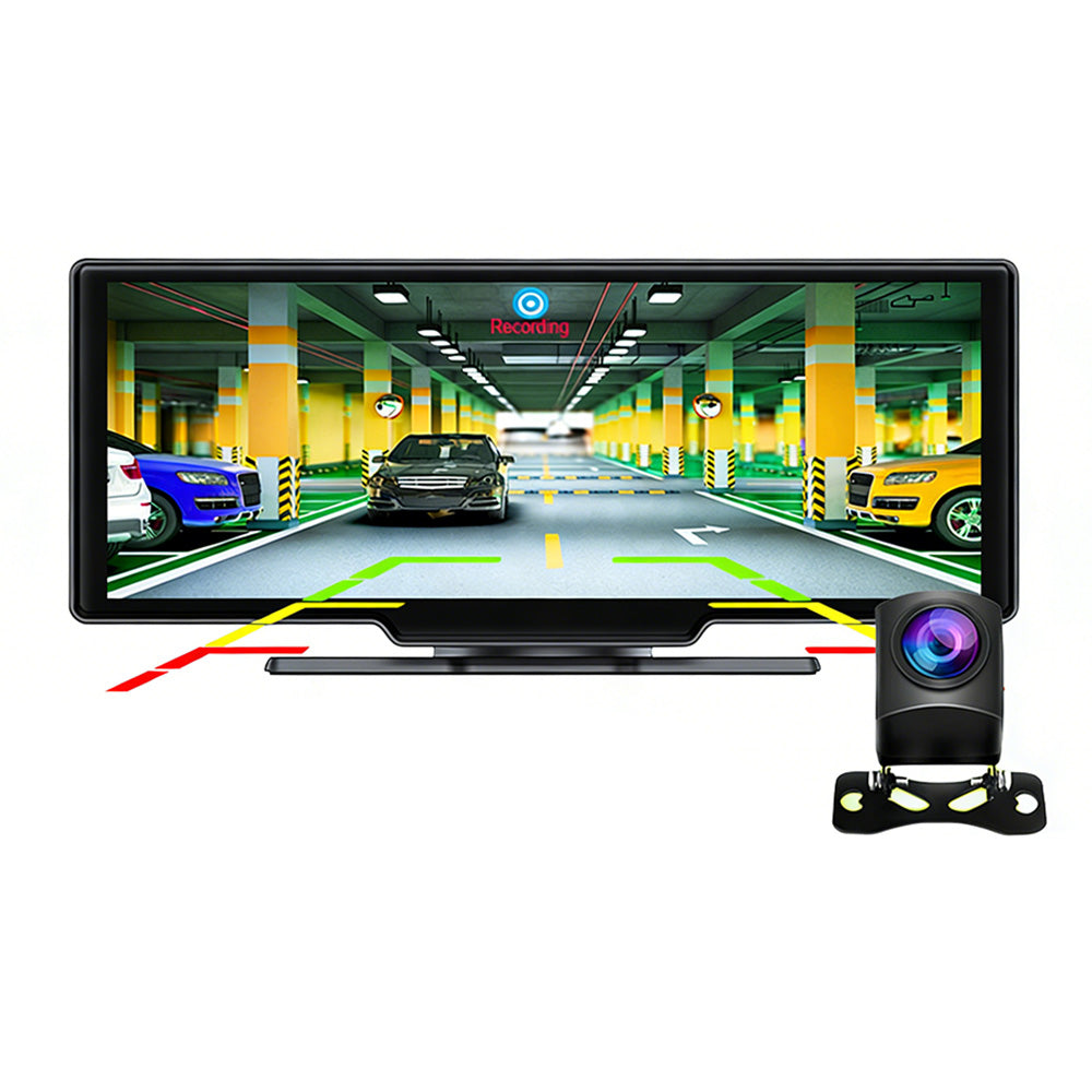 10.26 Inch IPS Portable Wireless Carplay Android Auto Screen with Dual Dash Cam