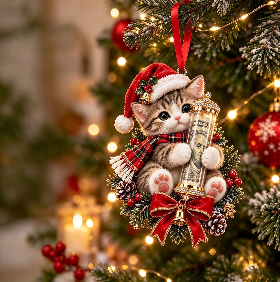 5 Piece Christmas Cash Holder Animal Ornaments with Clear Money Tubes