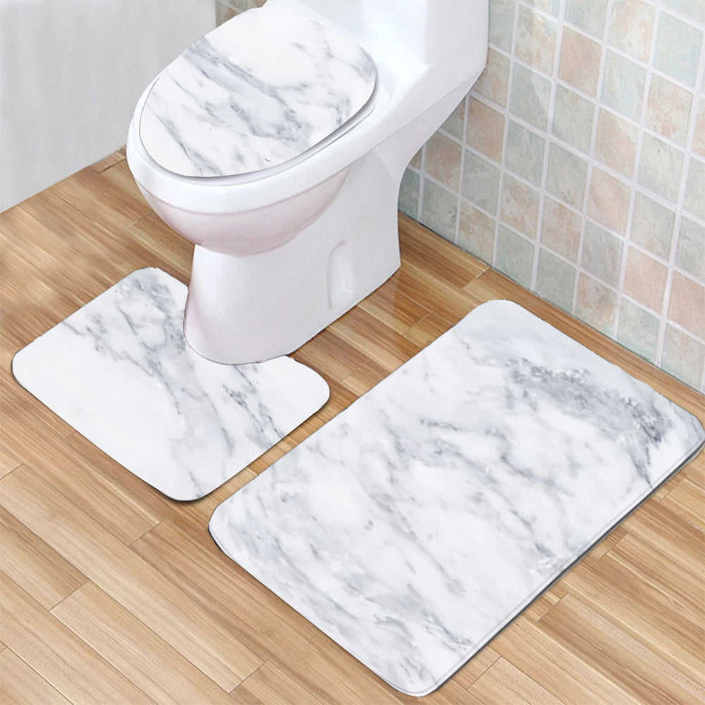 3Pcs Washable Bathroom Mat Set Anti Slip Toilet Seat Cover Pedestal Rug Bath Carpet-White