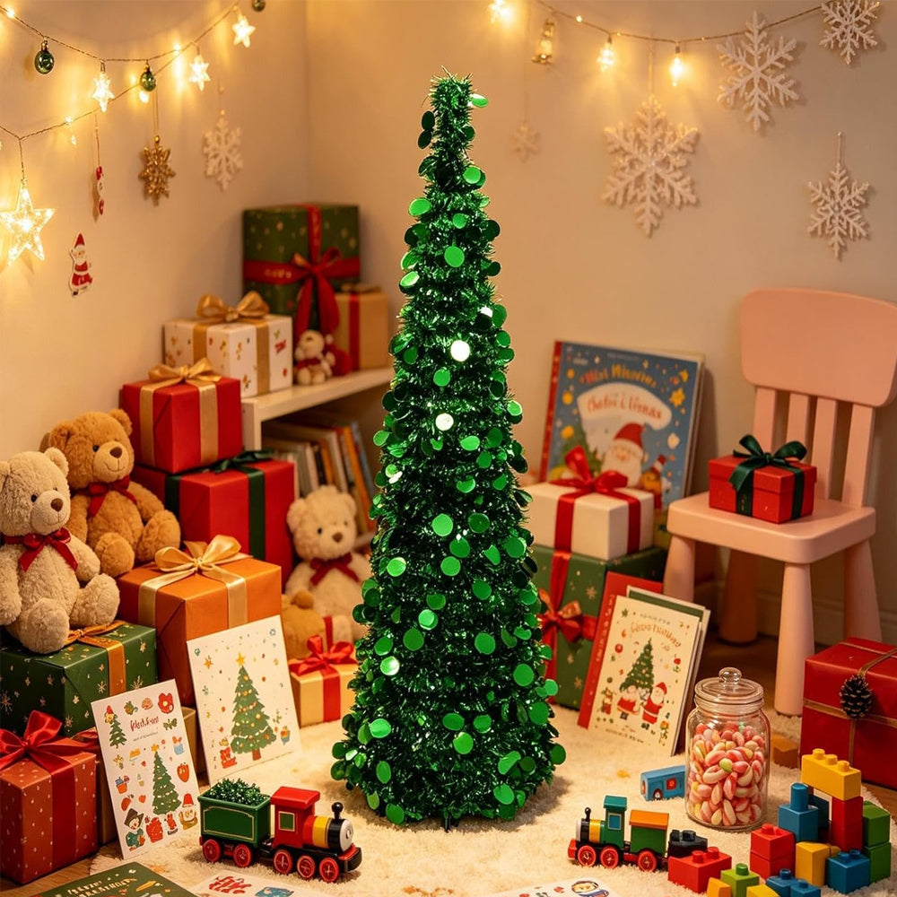 1.5m Foldable Pop Up Christmas Tree with Light Tinsel Christmas Tree