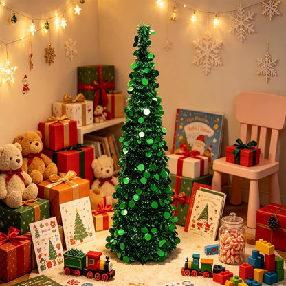 1.5m Foldable Pop Up Christmas Tree with Light Tinsel Christmas Tree