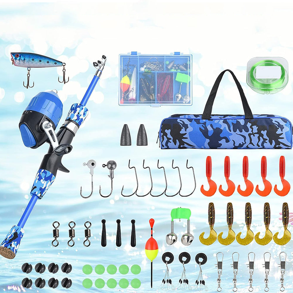 57Piece Set Telescopic Fishing Rod Kit for Beginner with Spinning Reel Lures - Blue