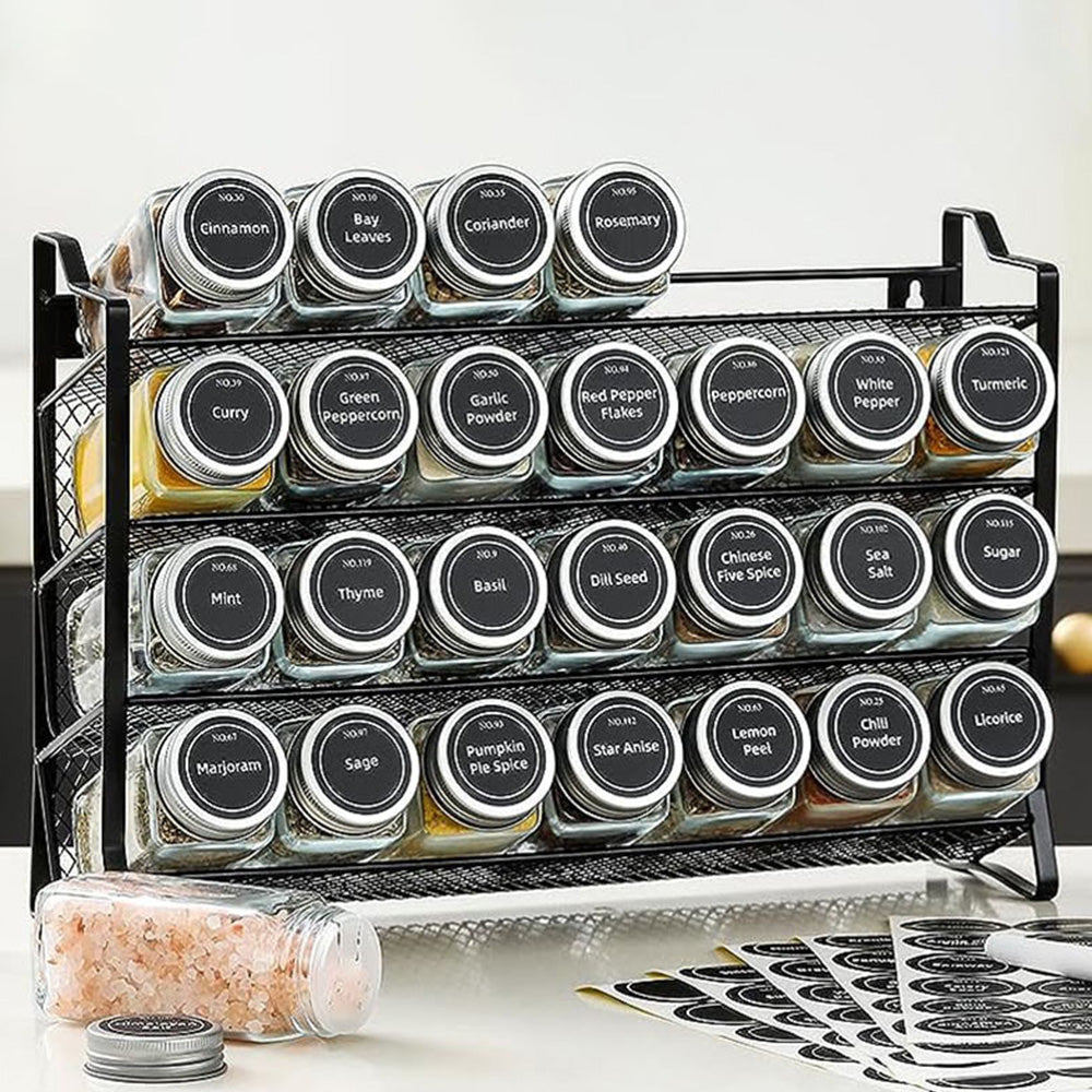 4 Tier Carbon Steel Spice Rack with Optional 28 Jars Labels
