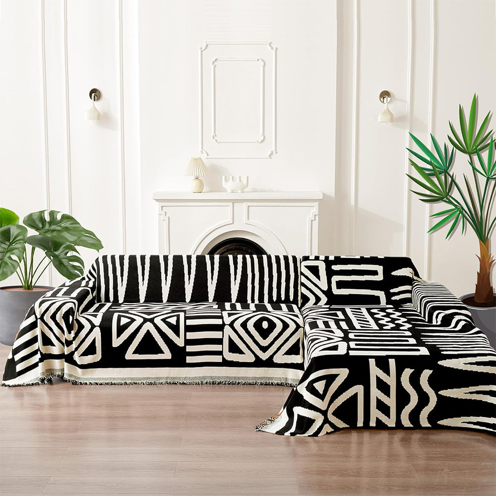 Boho Couch Cover Geometric Sofa Blanket Furniture Protector Black