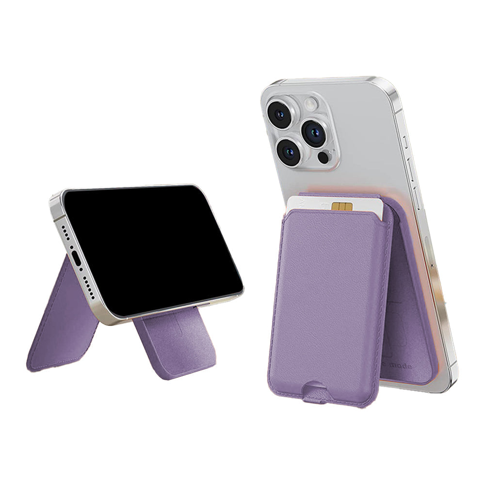 For iPhone Adjustable Magnetic Phone Stand PU Leather Wallet for iPhone 15/14/13 Series Purple