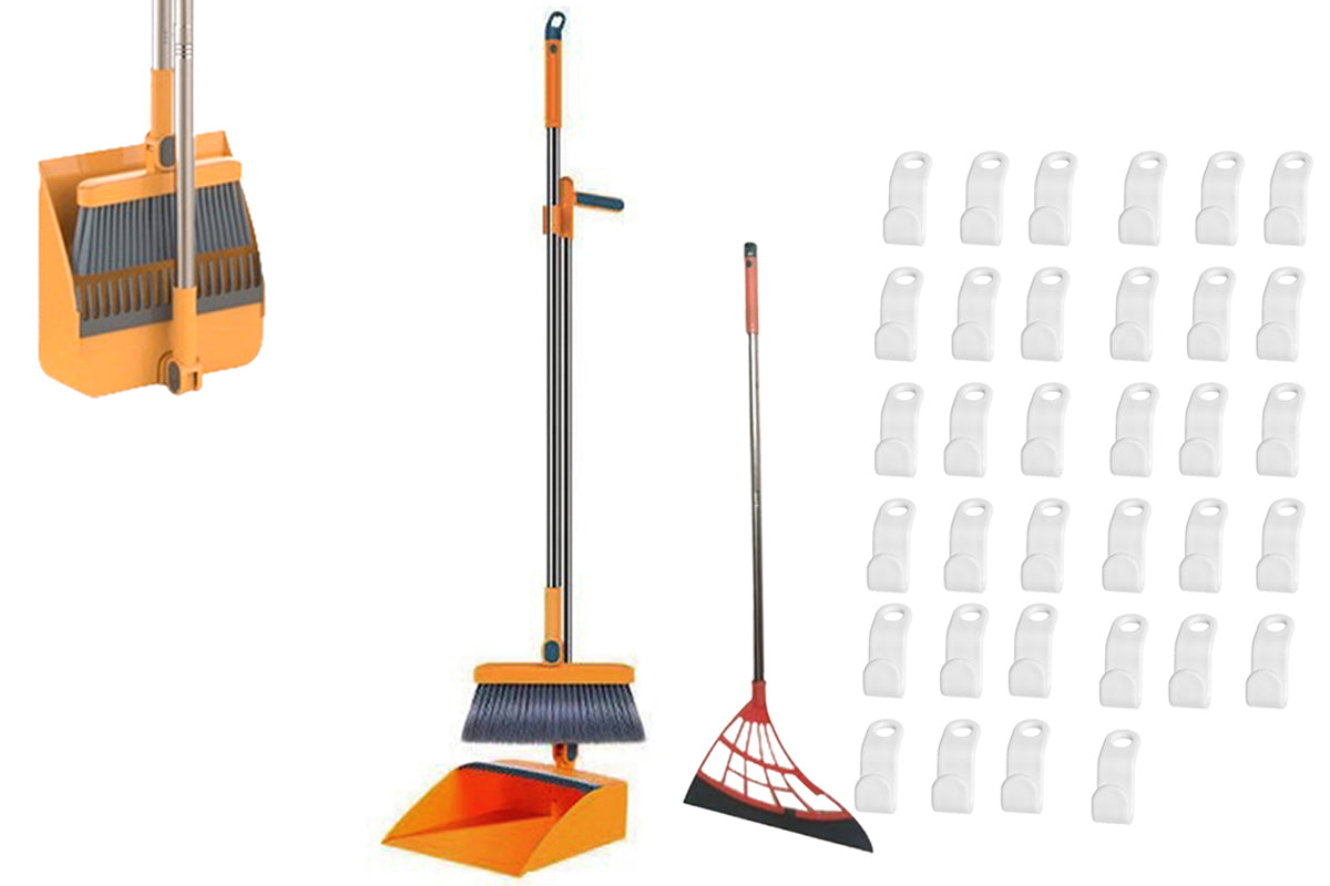 Broom With Foldable Standing Dustpan And Scraper Broom For Cleaning-Orange