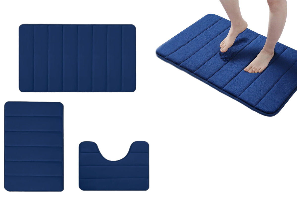3Pcs Coral Fleece Bathroom Mat Anti Slip Toilet Rugs Fast Absorbent-Deep Blue