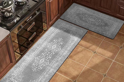 2Pcs Boho Anti-Fatigue Kitchen Mats Non-Slip Cushioned for Kitchen Sink Laundry -Gray