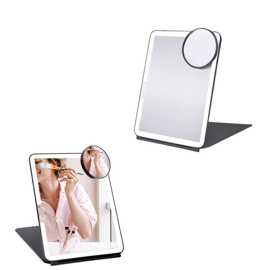 Dimming Folding Lighted Makeup Mirror Rechargeable Vanity Mirror with 10X Magnifying Mirror Black