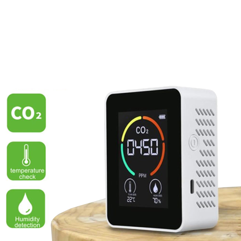 3-in-1 Air Quality Monitor CO2 Meter Temperature Humidity Carbon Dioxide Detector White