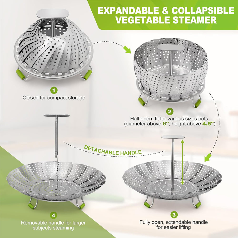 2Pcs Stainless Steel Steamer Tray Mesh Vegetable Basket with Removable Handle