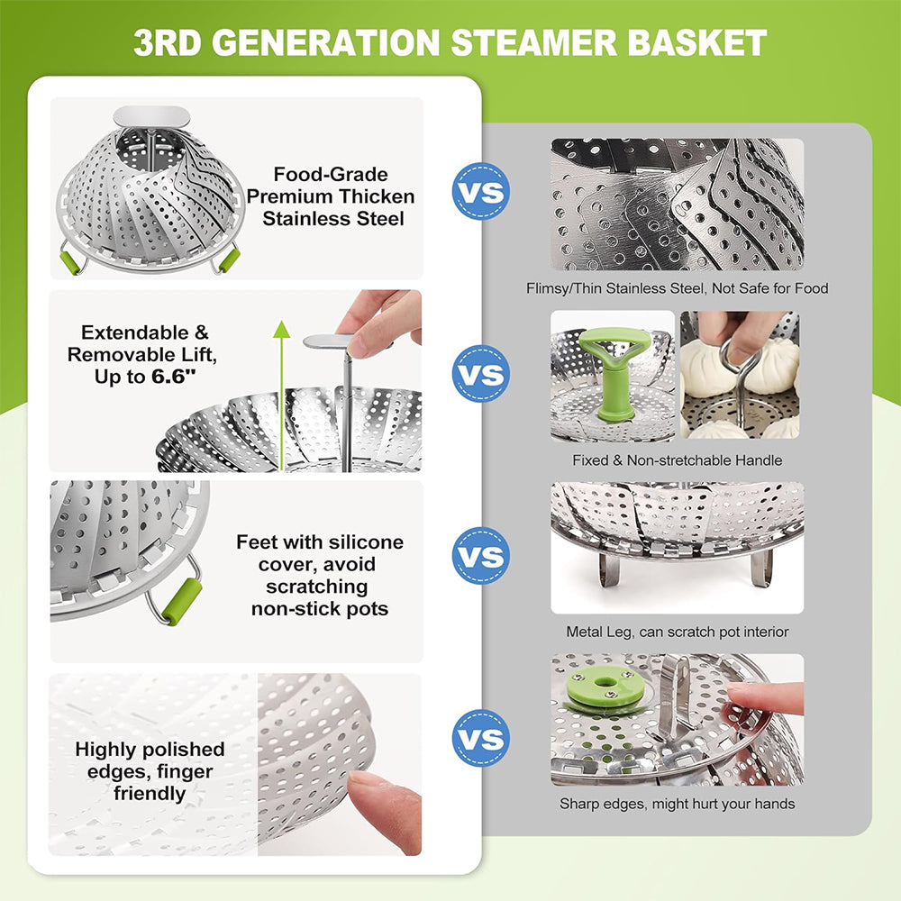2Pcs Stainless Steel Steamer Tray Mesh Vegetable Basket with Removable Handle