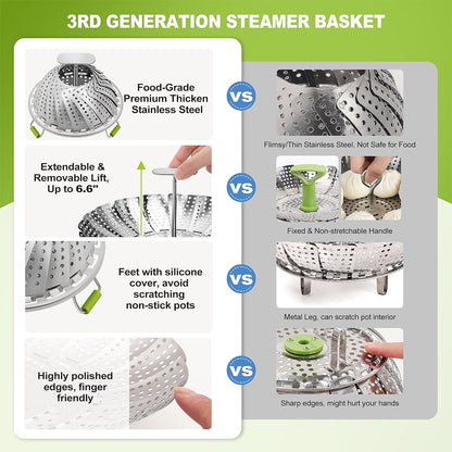 2Pcs Stainless Steel Steamer Tray Mesh Vegetable Basket with Removable Handle